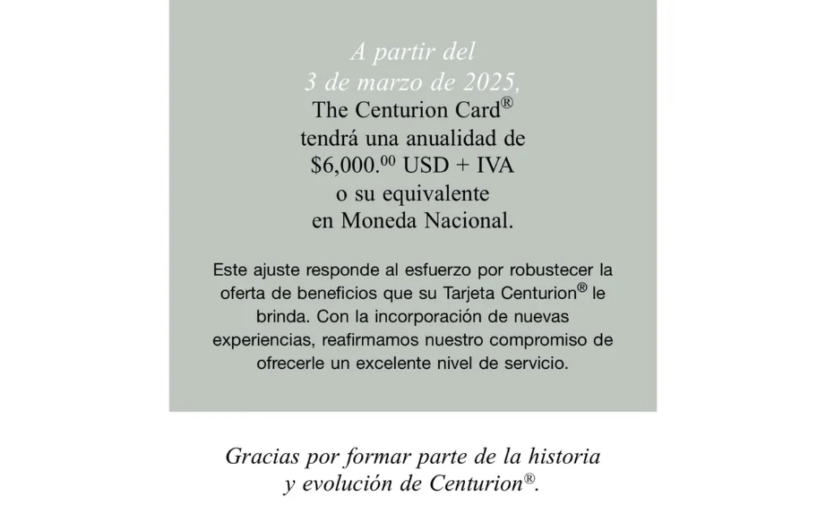 Fuente oficial del aumento de anualidad de la tarjeta centurion AMEX