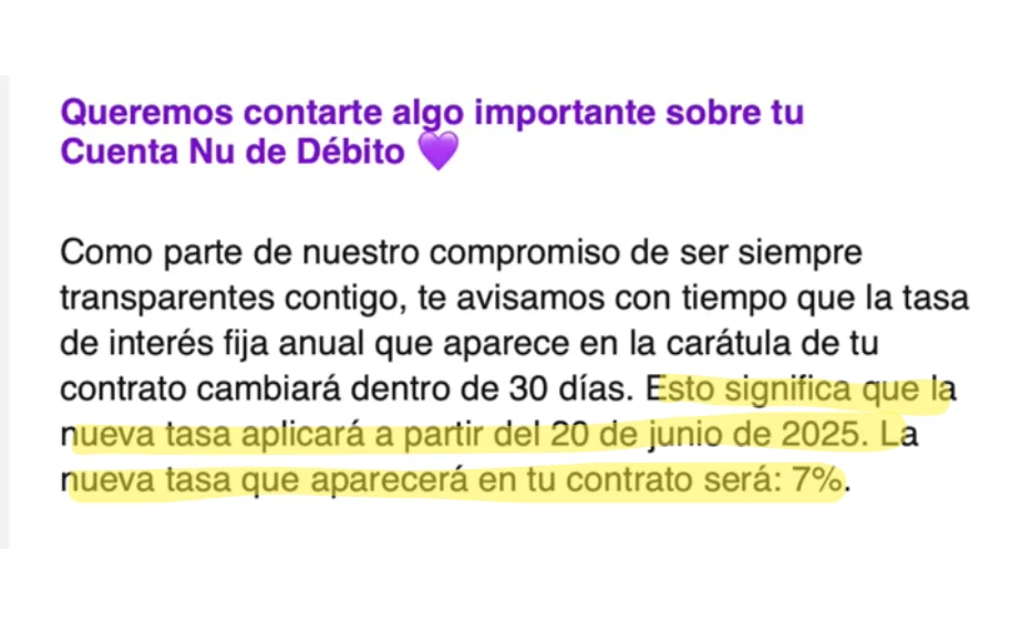 Aviso de cambios a la tasa base de rendimientos de la cuenta NU