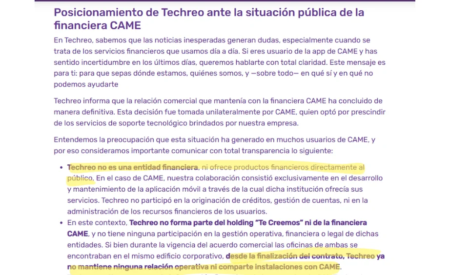 Posicionamiento de Techreo ante la situación pública de la financiera CAME Posicionamiento de Techreo ante la situación pública de la financiera CAME