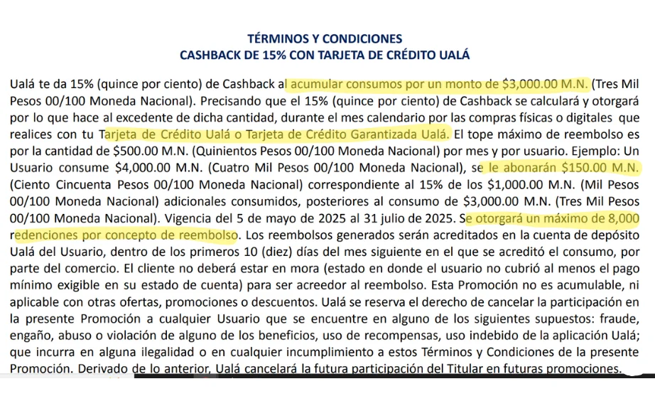 Términos y condiciones del 15% de cashback de la tarjeta de crédito ualá Términos y condiciones del 15% de cashback de la tarjeta de crédito ualá