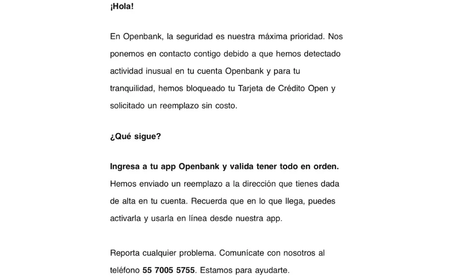 Comunicado de actividad sospechosa de OpenBank Comunicado de actividad sospechosa de OpenBank