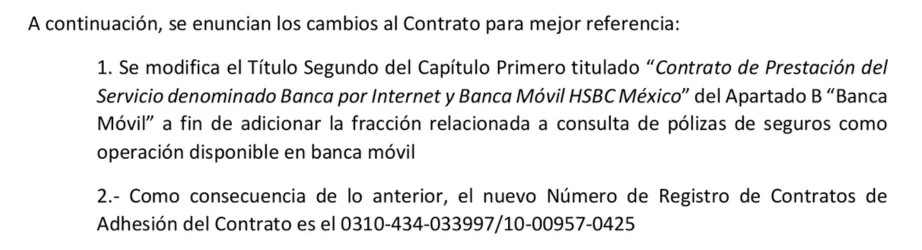 Cambios al CONTRATO de banca MÓVIL y banca por INTERNET de HSBC