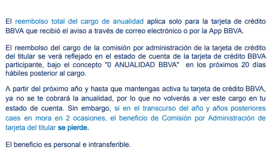 TyC de la promoción sin anualidad BBVA
