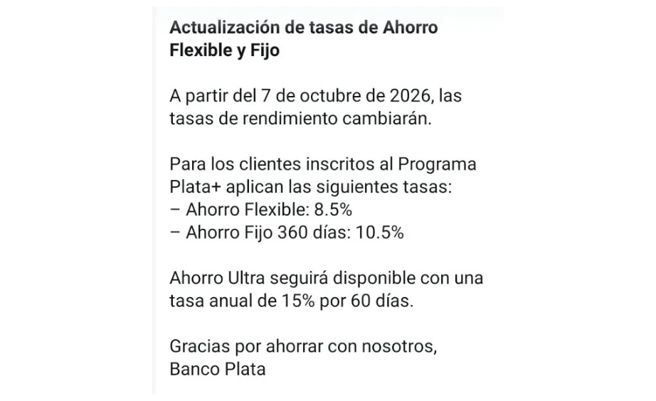Banco Plata ajusta a la baja las tasas de rendimiento